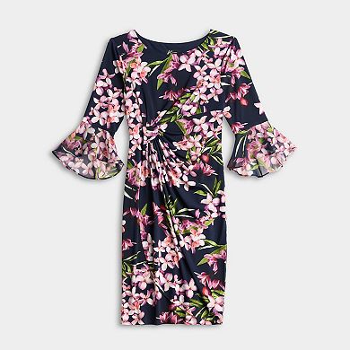 Petite Studio Connection Printed Side Drape Skirt & 3/4 Chiffon Bell Sleeve Top