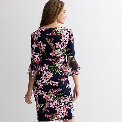 Petite Studio Connection Printed Side Drape Skirt & 3/4 Chiffon Bell Sleeve Top