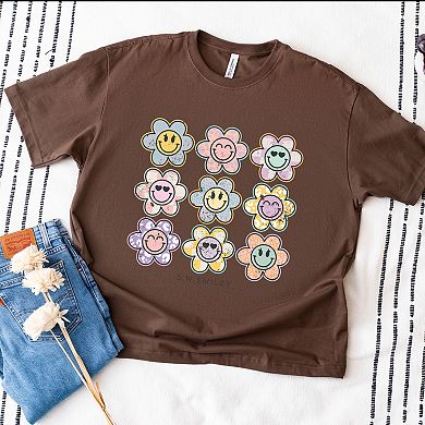 S.W.Smiley Flowers Checkered - Women's Heavyweight Graphic T-Shirt