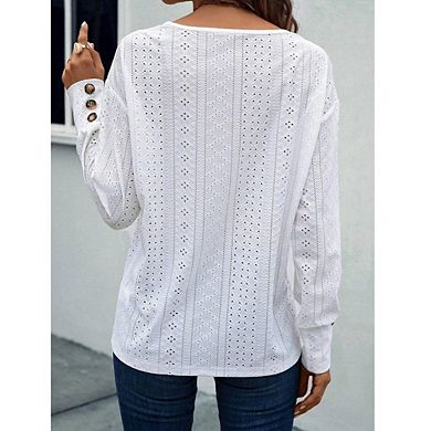Women Blouse V-Neck Long Sleeve Hollow Shirt