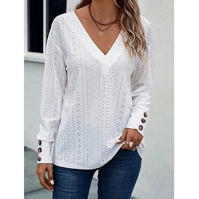 Women Blouse V-Neck Long Sleeve Hollow Shirt