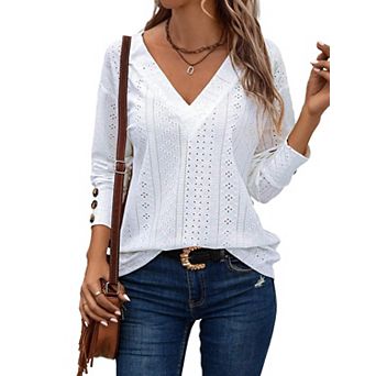 Women Blouse V-Neck Long Sleeve Hollow Shirt