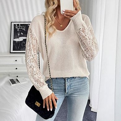 Women's Blouse Long-Sleeve V Neck Shirt Lace Panel Top