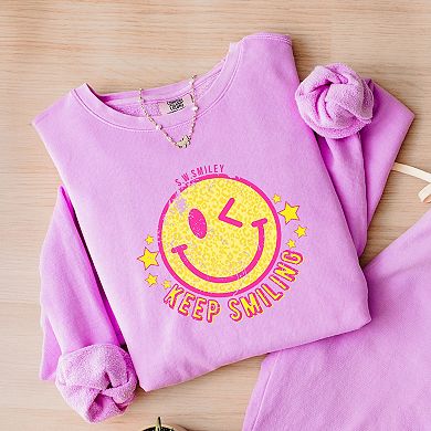 Simply Sage Market S.W.Smiley Keep Smiling Happy Face Lightweight Garment Dyed Sweatshirt