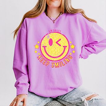 Simply Sage Market S.W.Smiley Keep Smiling Happy Face Lightweight Garment Dyed Sweatshirt