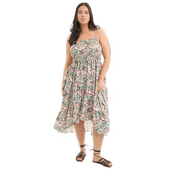 June + Vie Women's Plus Size Tiered Smocked Midi Dress