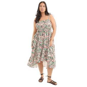 June + Vie Women's Plus Size Tiered Smocked Midi Dress