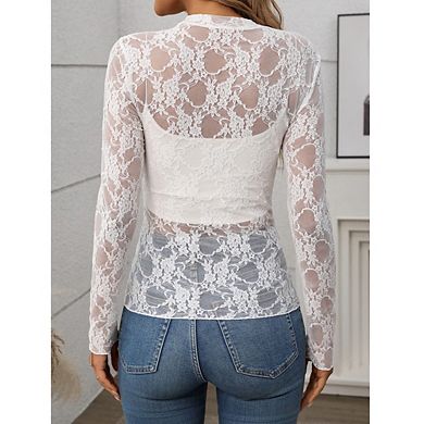 Women Blouse Lace Sheer Long Sleeve T-Shirt Mesh Top