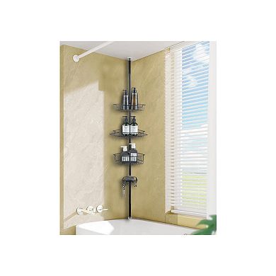 4 Tier Rustproof Shower Caddy Corner Organizer With Adjustable Shelves and Tension Pole