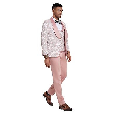 Men’s Skinny-Fit 3-Piece Paisley Suit with Satin Shawl Lapel & Matching Vest