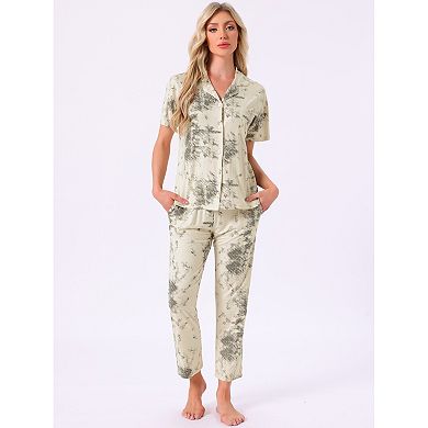 Women's Longewear Button Up Tencel Floral Ink Wash Pattern Short Sleeve Notched Collar Pants Set