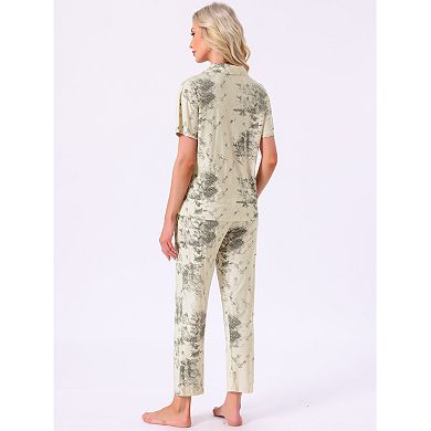 Women's Longewear Button Up Tencel Floral Ink Wash Pattern Short Sleeve Notched Collar Pants Set