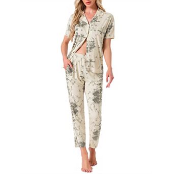 Women's Longewear Button Up Tencel Floral Ink Wash Pattern Short Sleeve Notched Collar Pants Set