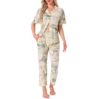 Women's Longewear Button Up Tencel Floral Ink Wash Pattern Short Sleeve Notched Collar Pants Set