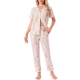 Women's Longewear Button Up Tencel Floral Ink Wash Pattern Short Sleeve Notched Collar Pants Set