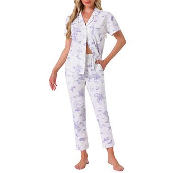 Women's Longewear Button Up Tencel Floral Ink Wash Pattern Short Sleeve Notched Collar Pants Set