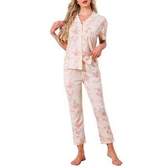 Women's Longewear Button Up Tencel Floral Ink Wash Pattern Short Sleeve Notched Collar Pants Set