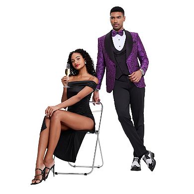 Men’s Skinny-Fit 3pc Textured Rose Floral Suit Set with Satin Shawl Collar on Vest