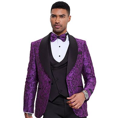 Men’s Skinny-Fit 3pc Textured Rose Floral Suit Set with Satin Shawl Collar on Vest