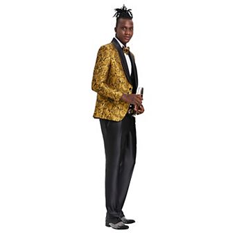 Men’s Skinny-Fit 3 pc Textured Rose Floral Suit Set with Satin Shawl Collar on Vest