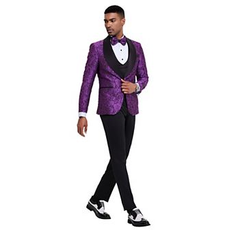 Men’s Skinny-Fit 3 pc Textured Rose Floral Suit Set with Satin Shawl Collar on Vest
