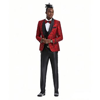 Men’s Skinny-Fit 3 pc Textured Rose Floral Suit Set with Satin Shawl Collar on Vest