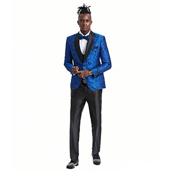 Men’s Skinny-Fit 3 pc Textured Rose Floral Suit Set with Satin Shawl Collar on Vest