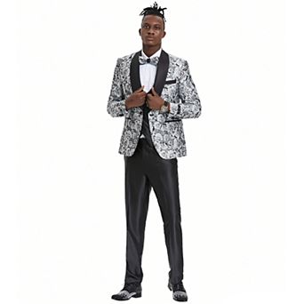 Men’s Skinny-Fit 3 pc Textured Rose Floral Suit Set with Satin Shawl Collar on Vest