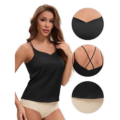 Women's V Neck Strappy Back Tank Top Cami Spaghetti Strap Light Loose Fit Sleeveless Camisoles
