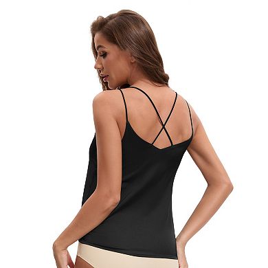Women's V Neck Strappy Back Tank Top Cami Spaghetti Strap Light Loose Fit Sleeveless Camisoles