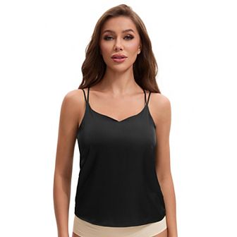 Women's V Neck Strappy Back Tank Top Cami Spaghetti Strap Light Loose Fit Sleeveless Camisoles