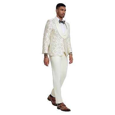Men’s Skinny-Fit 3-Piece Floral Suit with Satin Shawl Lapel & Vest