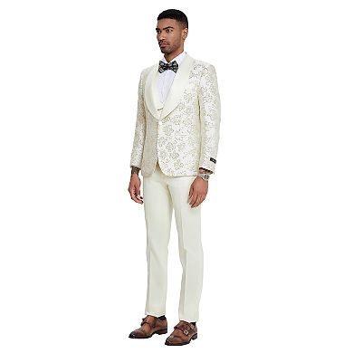 Men’s Skinny-Fit 3-Piece Floral Suit with Satin Shawl Lapel & Vest