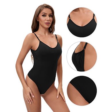 Women's Slim Fit Bodysuit Spaghetti Strap Open Backless Tummy Control Thong Leotard Shapewear