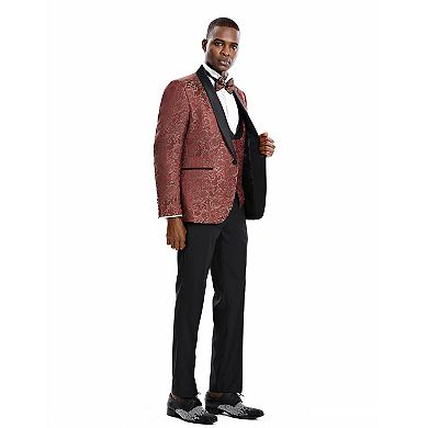 Men’s Skinny-Fit 3pc Golden Paisley Suit Set with Satin Shawl Collar