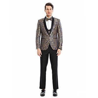 Men’s Skinny-Fit 3 pc Golden Paisley Suit Set with Satin Shawl Collar