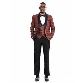 Men’s Skinny-Fit 3 pc Golden Paisley Suit Set with Satin Shawl Collar