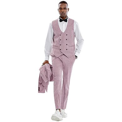 Men’s Skinny-Fit 3-Piece Pinstriped Summer Suit with Notch Lapel & Double-Breasted Vest