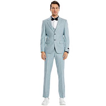 Men’s Skinny-Fit 3 pc Pinstriped Summer Suit with Notch Lapel & Double-Breasted Vest