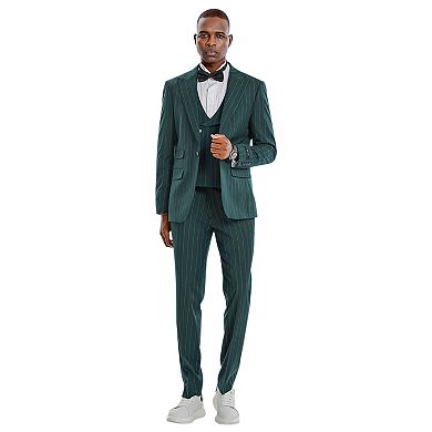 Men’s Skinny-Fit 3pc Pinstriped Suit Set with Peak Lapel & Double-Breasted Vest
