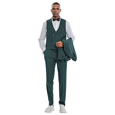 Men’s Skinny-Fit 3pc Pinstriped Suit Set with Peak Lapel & Double-Breasted Vest