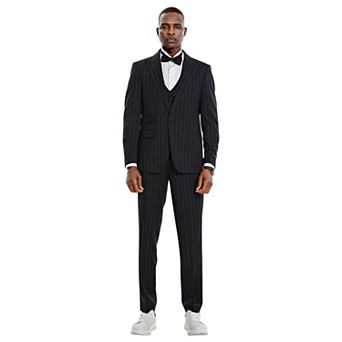 Men’s Skinny-Fit 3 pc Pinstriped Suit Set with Peak Lapel & Double-Breasted Vest