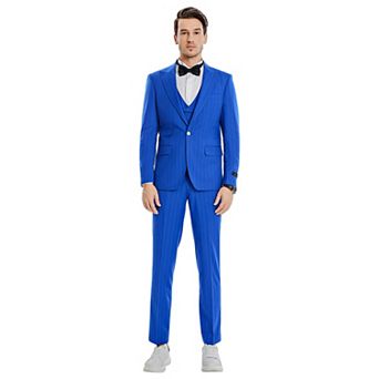 Men’s Skinny-Fit 3 pc Pinstriped Suit Set with Peak Lapel & Double-Breasted Vest