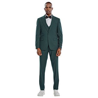 Men’s Skinny-Fit 3 pc Pinstriped Suit Set with Peak Lapel & Double-Breasted Vest