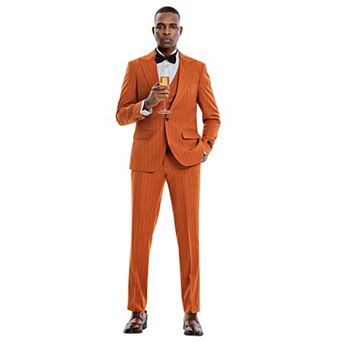 Men’s Skinny-Fit 3 pc Pinstriped Suit Set with Peak Lapel & Double-Breasted Vest