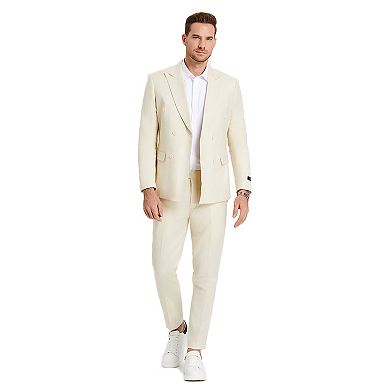 Men’s Skinny-Fit 2-Piece Double-Breasted Linen Summer Suit Set with Peak Lapel