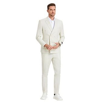 Men’s Skinny-Fit 2 pc Double-Breasted Linen Summer Suit Set with Peak Lapel