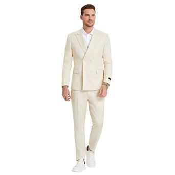 Men’s Skinny-Fit 2 pc Double-Breasted Linen Summer Suit Set with Peak Lapel