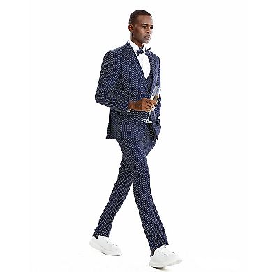Men’s Skinny-Fit 3pc Polka Dotted Suit Set with Satin Shawl Collar on Vest