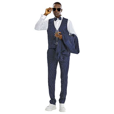 Men’s Skinny-Fit 3pc Polka Dotted Suit Set with Satin Shawl Collar on Vest